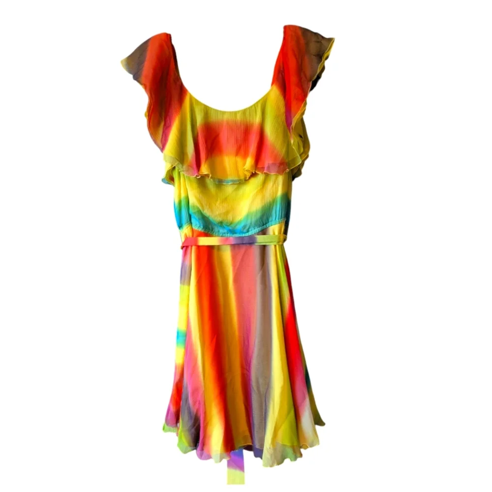 💥SALE💥 Alice + Olivia Vibrant Multicolor Rainbow Ruffle Dress 100% Silk Sz. M - Picture 2 of 13